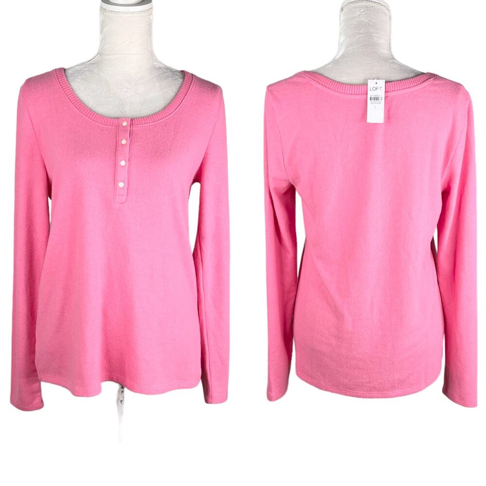 LOFT Womens Sweater Pink Large Pullover Buttons Long Sleeve New